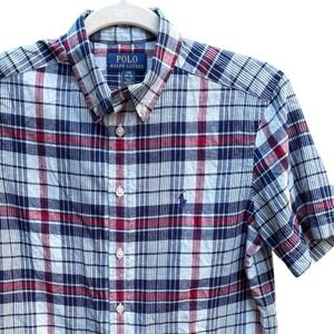 Polo Ralph Lauren Boys L 14-16 Plaid Short Sleeve Button Down Shirt Red Blue